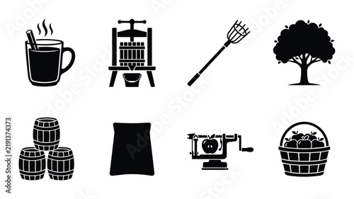 Apple Harvest Icons: Cider Press, Fruit Tree, Hot Drink, Barrels, and Tools for Autumnal Food Production and Seasonal Graphics