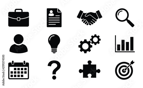 Business Icons Set: Briefcase, Resume, Handshake, Magnifying Glass, Person, Lightbulb, Gears, Chart, Calendar, Question Mark, Puzzle, Target. Vector Graphics for Corporate Concepts.