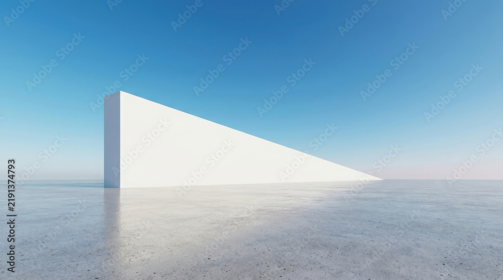 Fototapeta premium Minimalist white abstract architectural structure with a sharp diagonal slope under a bright blue sky on a concrete ground