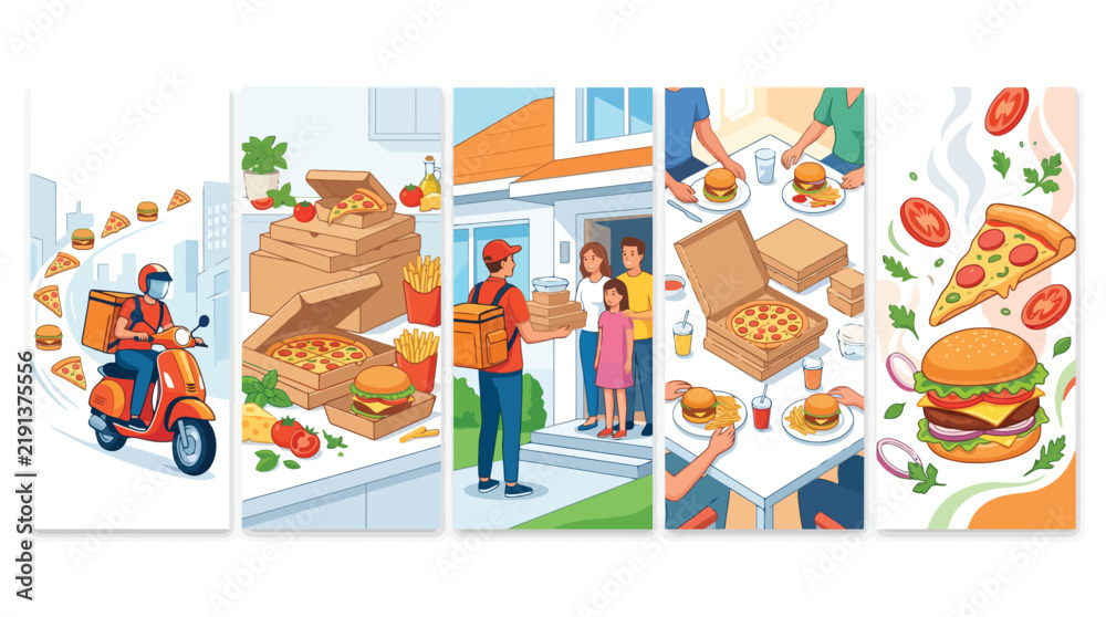 Fototapeta premium Fast food delivery service banners, courier riding scooter with pizza and burger, people eating takeout meals, flat vector illustration set