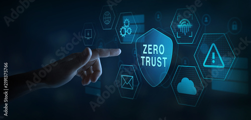 Zero trust cybersecurity concept. Touchscreen with icons zero trust security, cloud protection, data protection, fingerprint authorization.