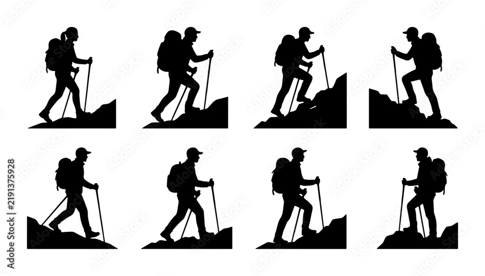 Fototapeta premium Black hiker silhouettes on rocks with poles, hiking and climbing