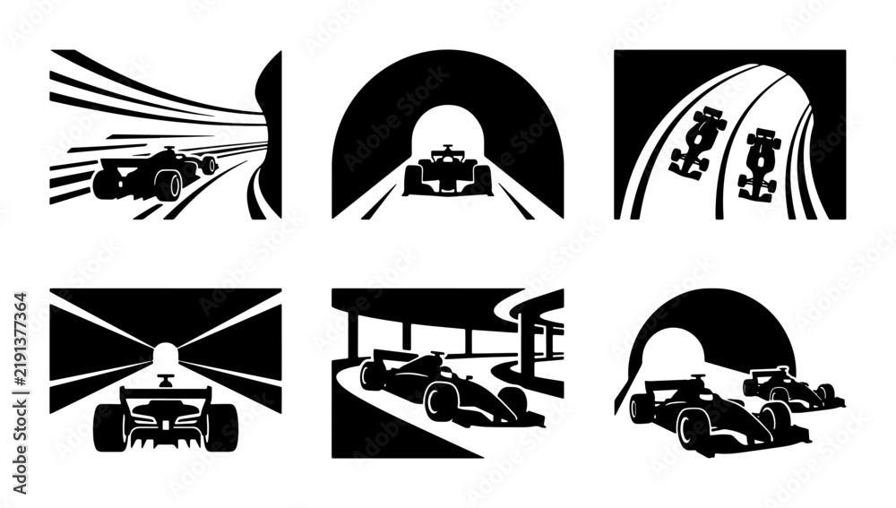 Obraz premium Black and white formula 1 race cars in tunnels and on track, graphic