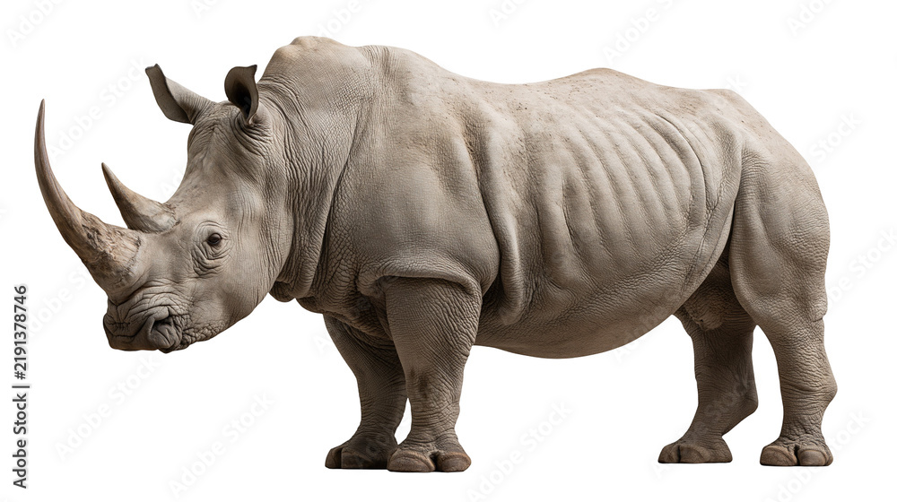 Fototapeta premium Large adult white rhinoceros standing in profile with textured grey skin