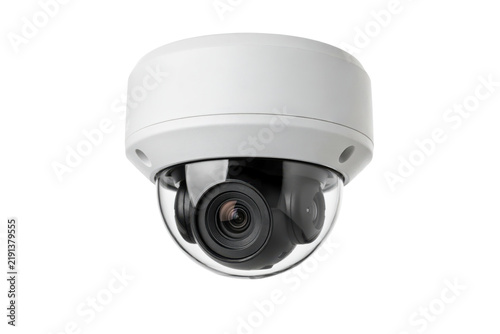 White dome security camera with a transparent glass lens cover for indoor or outdoor surveillance monitoring isolated on a transparent background