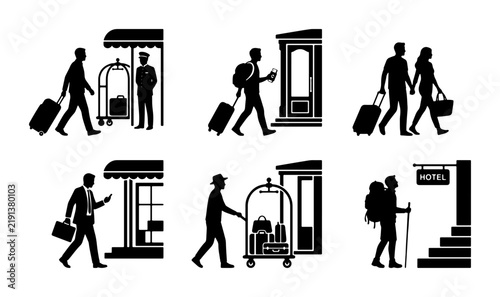 Bild auf Leinwand Black and white hotel icons set, travel and hospitality graphic