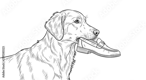 Funny dog carrying a slipper in mouth after playful mischief