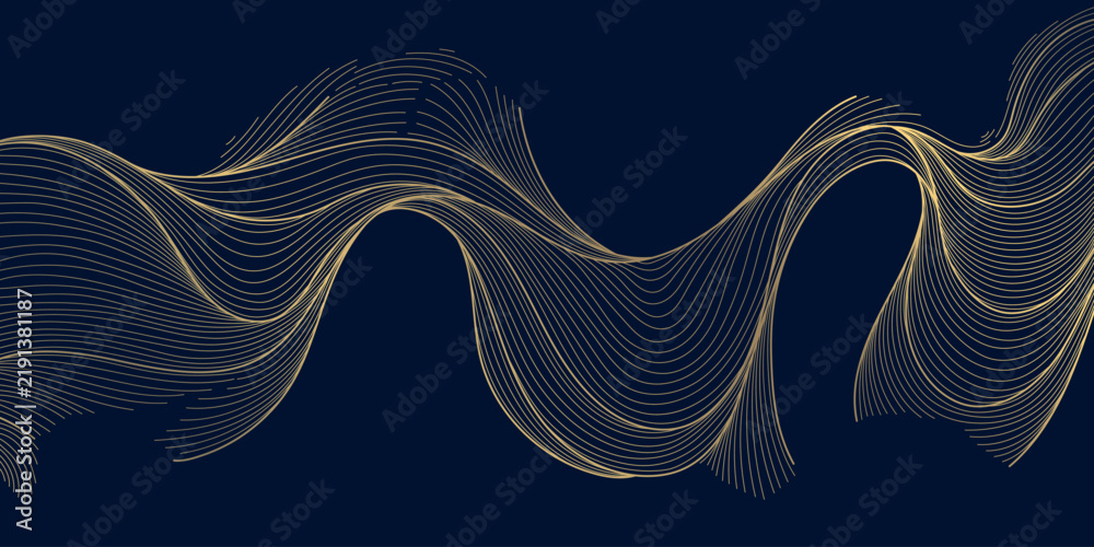 Obraz premium Luxury abstract pattern with elegant golden lines, flowing waves, clouds, and Japanese, Art Deco elements on a dark background. Ocean texture, river illustration, modern graphic ornament