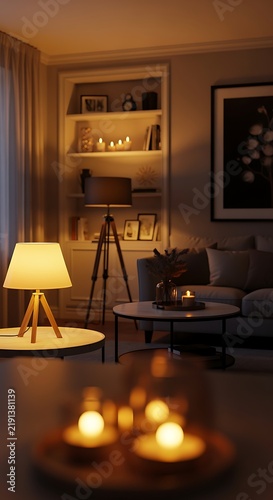 Inviting Living Room Interior with Warm Lighting and Decorative Lamps