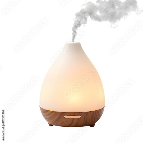 Modern ceramic aroma diffuser with wood base emitting steam isolated on transparent background.