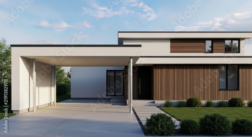 Modern minimalist house with a carport displays clean architectural lines and flat roofing under a blue sky.