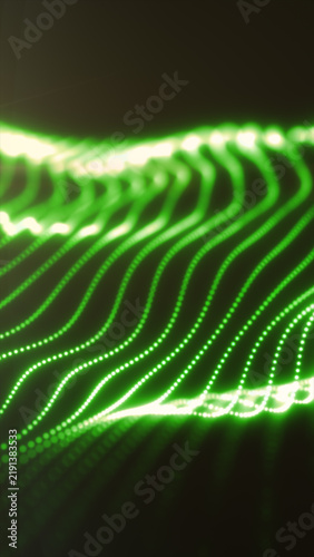 Futuristic green digital wave formed by glowing dotted lines, creating an abstract data landscape on a dark background.