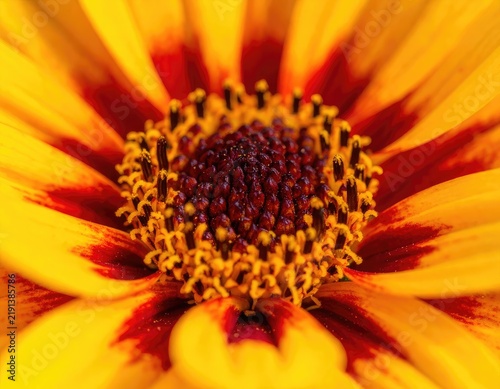 A vibrant close-up of a daisy-like flower with yellow and red petals.