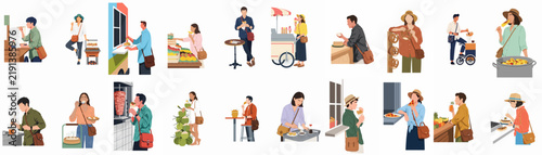 Collection of flat vector illustrations featuring diverse people enjoying street food, coffee, and shopping at outdoor markets in a minimalist lifestyle style.
