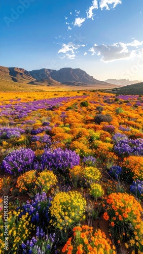 Vibrant spring wildflowers blanket a valley under a vast blue sky with scattered clouds.