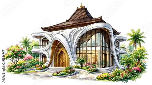 Modern Tropical Luxury Home with Traditional Asian Roof and Flowing Architectural Design in Watercolor