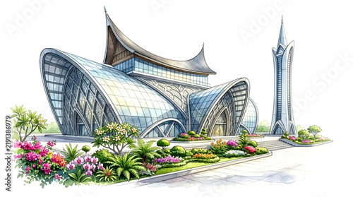 Modern Mosque Illustration Featuring Futuristic Architecture Elegant Minaret and Vibrant Garden