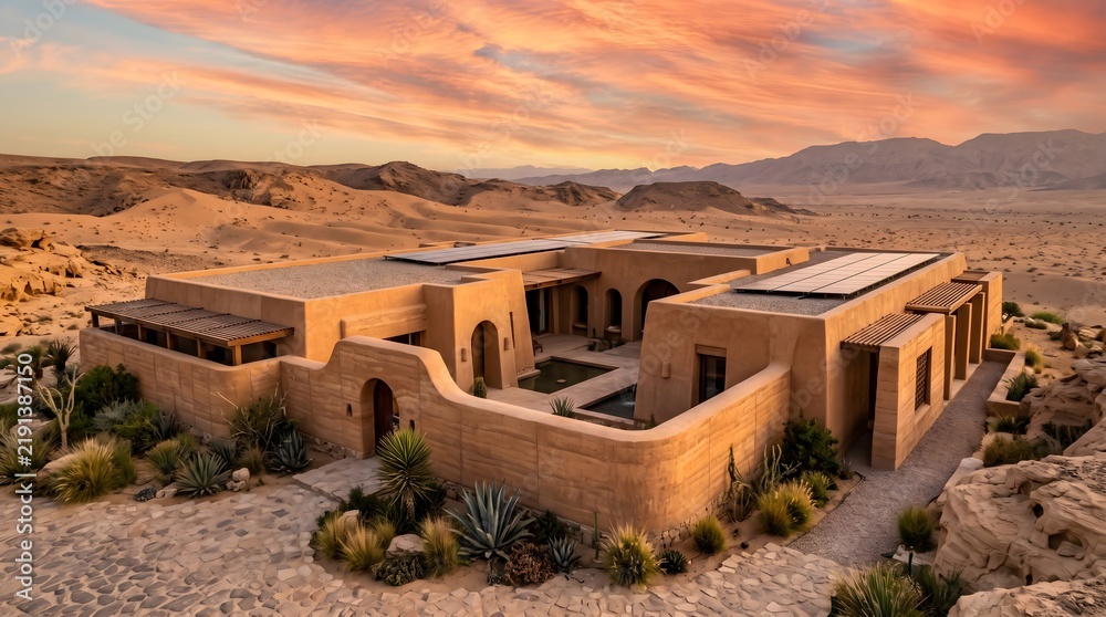 Obraz premium Modern adobe villa with solar panels in desert landscape at sunset