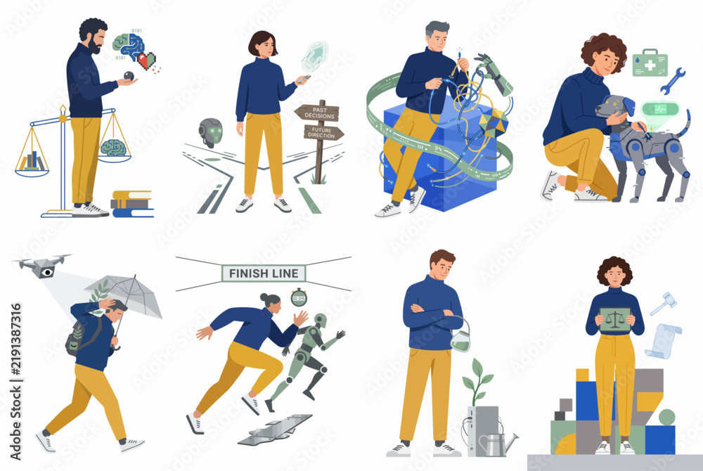 Fototapeta premium Set of flat vector illustrations representing human interaction with artificial intelligence, technology, and futuristic concepts in various life and work scenarios.