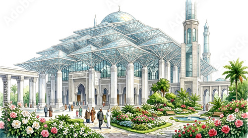 Grand Modern Mosque Architectural Drawing Featuring Tiered Glass Canopy and Beautiful Serene Gardens
