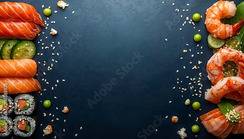 Fresh sushi and sashimi with shrimp on dark textured background.