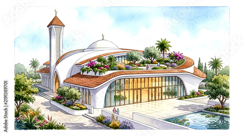 Modern Mosque Architectural Watercolor Featuring a Green Rooftop Garden and Minaret