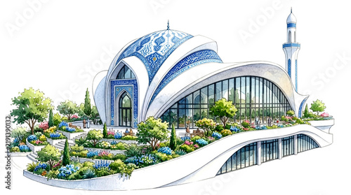 Modern Mosque with Ornate Blue Dome and Minaret Surrounded by Lush Terraced Gardens Design