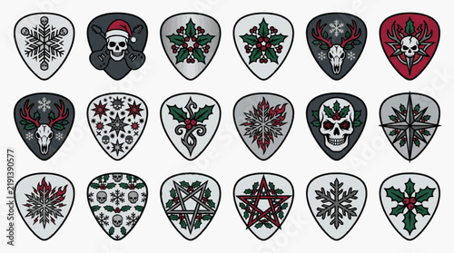 Eighteen guitar pick illustrations featuring gothic heavy metal Christmas graphics like skulls in Santa hats, holly, snowflakes, pentagrams, and reindeer skulls for holiday music.