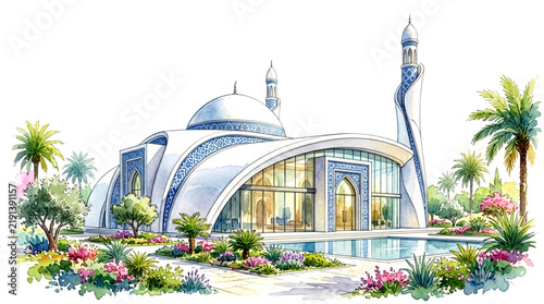 Contemporary Mosque Watercolor Illustration with Elegant Blue Patterns Serene Gardens and a Reflective Pool