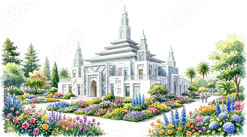 Watercolor Illustration of an Ornate Mosque Building with Vibrant Garden and Walking Path