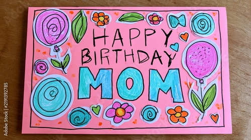 Brightly colored handmade birthday card with whimsical floral illustrations and the words Happy Birthday Mom, conveying joy and heartfelt appreciation