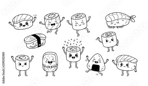 Funny Kawaii Sushi Characters Hand Drawn Doodle Food Vector Collection