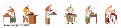 Bild auf Leinwand Watercolor illustrations of an elderly woman carving a roasted turkey for a festive holiday dinner, featuring various poses for Thanksgiving and Christmas themes