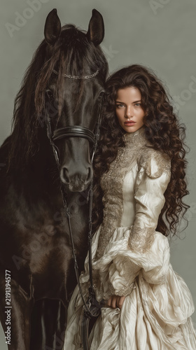 Elegant Woman with Majestic Horse: A woman in a vintage gown stands beside a powerful black horse, exuding an aura of classic beauty and strength.