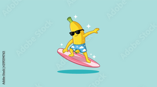 Canvas Print Cool cartoon banana character wearing sunglasses and surfing on a pink board