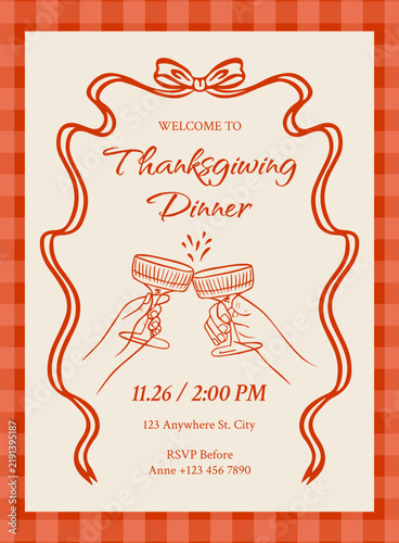 Thanksgiving invitation template in a whimsical coquette style. Checkered background and ribbon bow frame. Hand-drawn vector design.