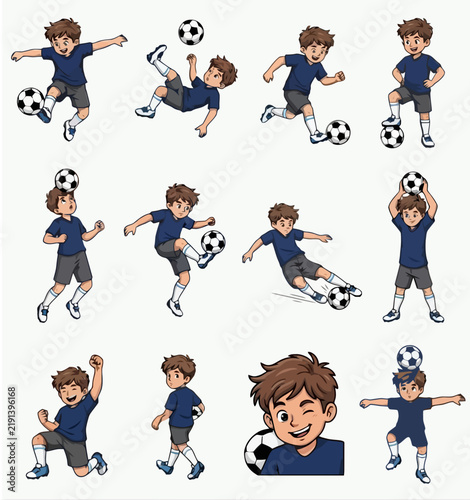 Set of boy playing soccer football vector character