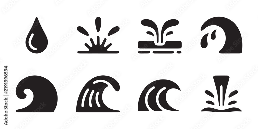 Obraz premium Black silhouette icons of water drops, splashes, and waves for representing liquid and nature.