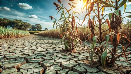 A desiccated landscape stretches out before a bedraggled field of parched plants, their wilted leaves and brittle stems a testament to natures strugg