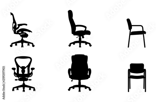 Black office chairs silhouettes, minimalist design, isolated objects