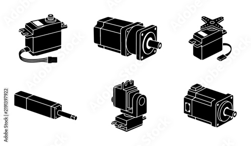 Black servo motors and actuators set, technical illustration, graphic