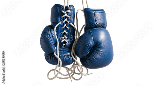 Bild auf Leinwand Pair of blue leather boxing gloves with white laces tied together