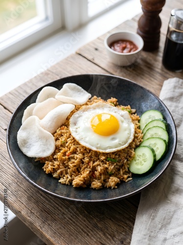 Indonesian fried rice served with fried egg and prawn crackers