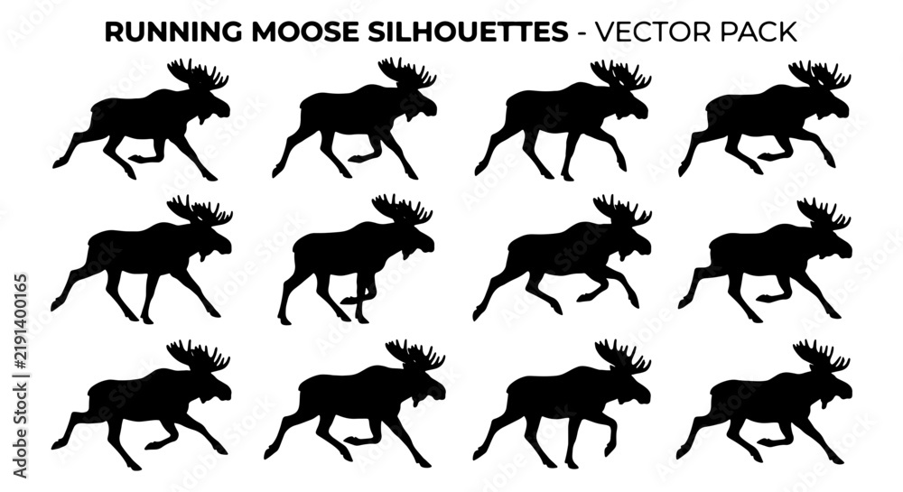 Fototapeta premium Running Moose Silhouettes Vector Pack: Dynamic Wildlife Graphics, Majestic Animal Poses, Nature-Inspired Design Elements, Outdoor Adventure Illustrations