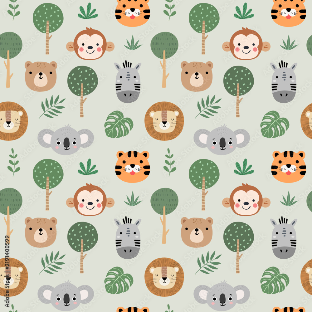 Obraz premium Cute jungle animal heads vector seamless pattern with trees and leaves on light sage green background for nursery decor, kids apparel, and wallpaper.