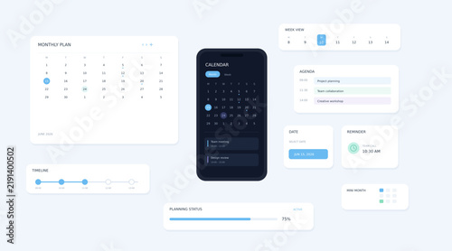 Calendar UI kit vector elements, mobile app planner interface template, digital schedule dashboard widgets for web design