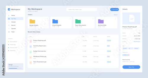 Modern cloud storage dashboard interface, digital file manager user interface template, clean SaaS workspace web design vector
