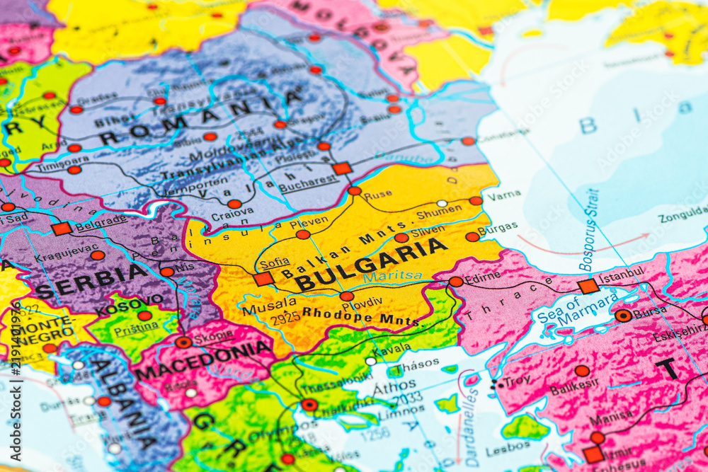 Naklejka premium Political map of the Balkan Peninsula and Southeastern Europe, with a particular focus on Bulgaria