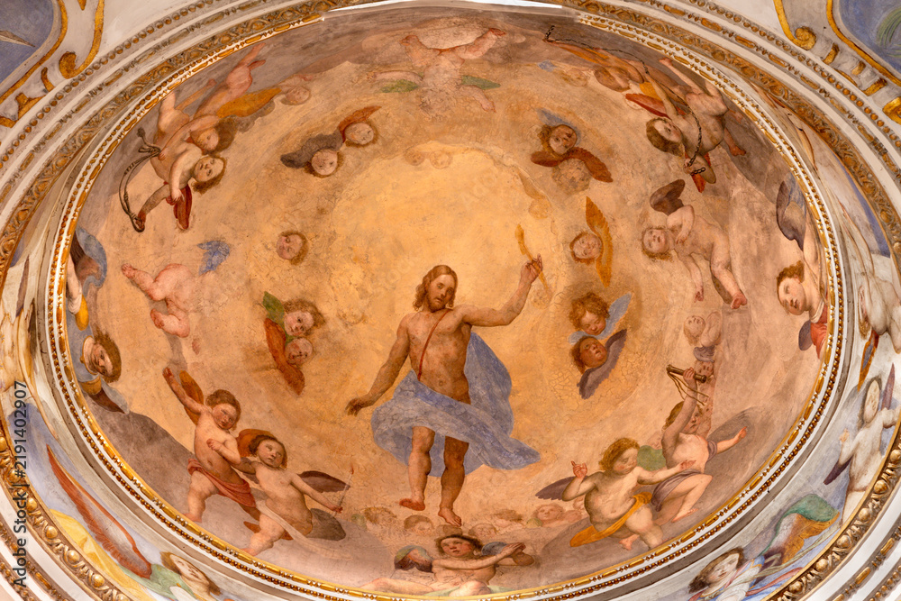 Fototapeta premium Pisa - The fresco of Resurrected Jesus amon the anggels in the side cupola of church Chiesa di San Frediano by Domenico Cresti (1559–1638).
