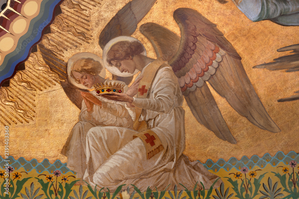 Fototapeta premium Monza - The fresco of angel adorated Jesus the Pantokrator in main apse of the church Chiesa di San Carlo by Grandi from year 1925.
